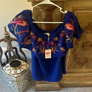 NWT Entro Blue Embroidered Off the Shoulder Top